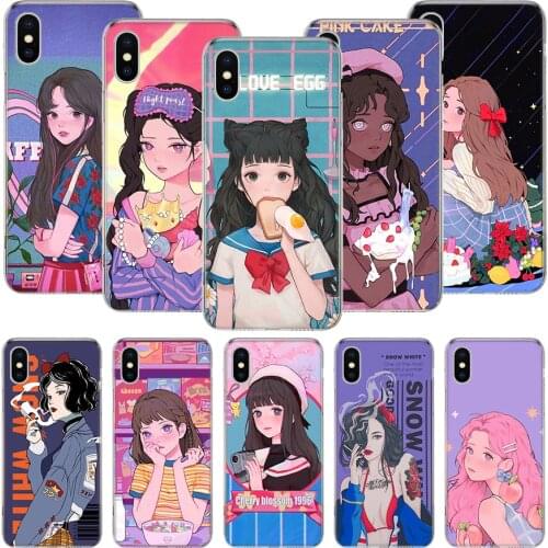INS Kawaii Japanese Anime illustration Girl Phone Case For iPhone 11 12 Pro XS XR X Max 7 8 6 6S Plus Mini + 5 SE Pattern Custom
