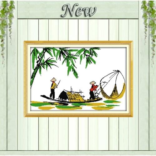 Vietnam Fisherman scenery decor painting counted printed on canvas DMC 11CT chinese Cross Stitch Needlework Sets Embroidery kits