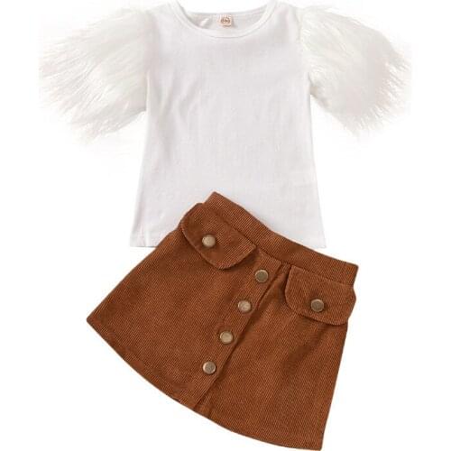 Spring Autumn Toddler Kid Girls 2Pcs Fashion Outfits, Feather Sleeve Round Neck Top + Brown Buttons Skirt Clothes Sets