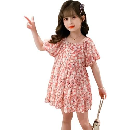 Summer Dress For Girls Floarl Pattern Dress For Girl Casual Style Dress Kids Puff Sleeve Girls Clothing 6 8 10 12 14