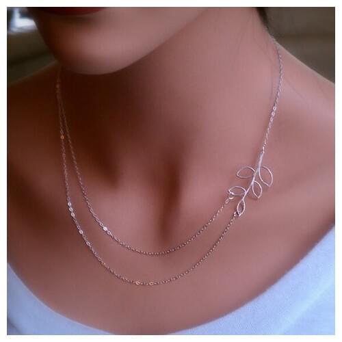 HOT fashion New celebrity Sideways double layer tree leaf infinite charm pendant chain necklace wedding Jewelry for women