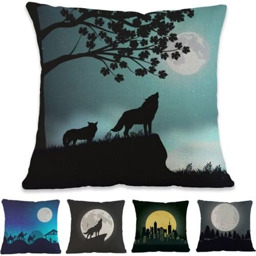 Moonlight At Night Full Moon Forest City Howl Wolf Pattern Linen Throw Pillow Case Home Sofa Room Decorative Cushion Cover 45x45