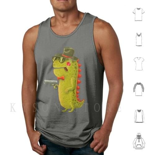 Dino Bandito Tank Tops Vest 100% Cotton Glasses Dinosaur Dino Gun Hat Cigar Green Gangster Olive