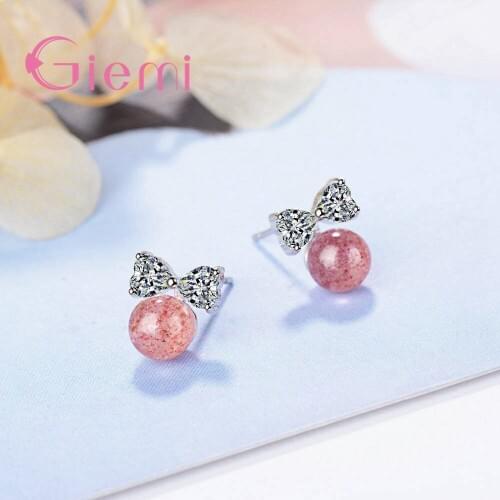 Romantic Cute Pink Beads Bow-knot Discount Real 925 Sterling Silver Cubic Zirconia Stud Earrings For Woman Jewelry Gift