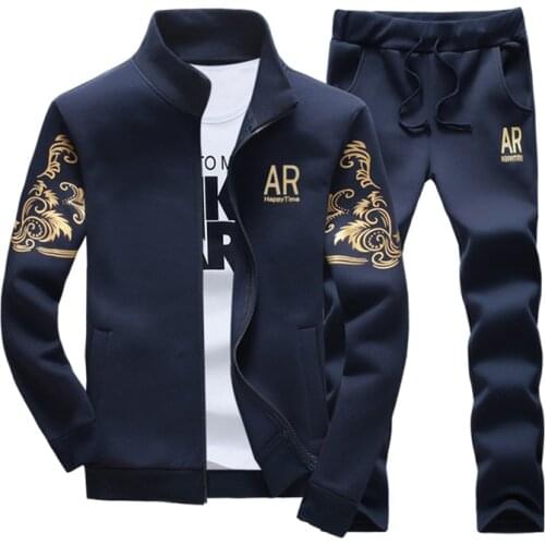 New Mens Sweatshirt + Pants Set Zipper Cardigans Prints Stand Collar Casual Tracksuits Black Navy Gray Plus Size 5XL