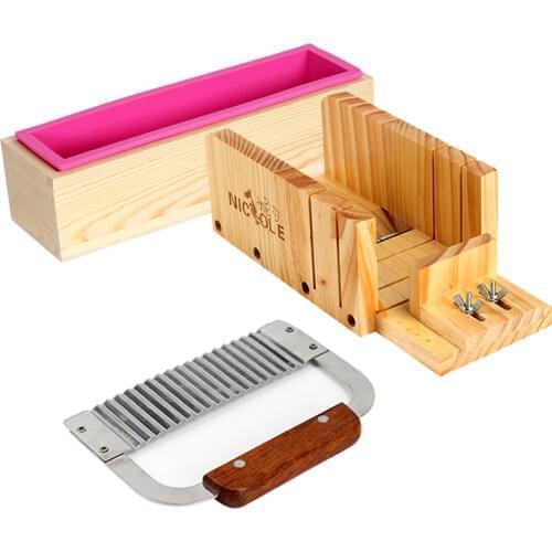 3-Piece Silicone Soap Mold Tool Set Wooden Loaf Cutter Box with Stainless Steel Wavy Blade for DIY Homemade