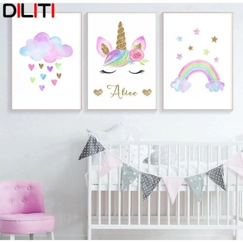 Cloud Rainbow Canvas Print Customized Name Unicorn Wall Art Nordic Nursery Painting Picture Poster Baby Girl Room Decor