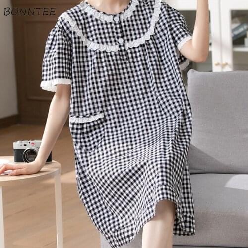 Nightgowns Women Knee-length Lovely Various Colors Loose Pockets Printed Sleepwear Ins Short Sleeve O-neck Casual Elegant Female