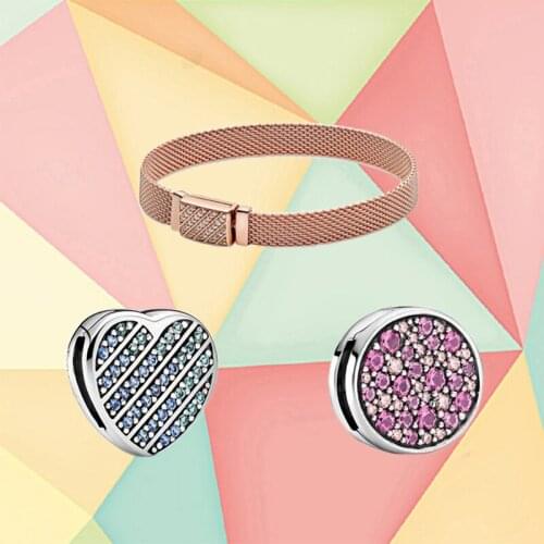 Spring 2021 New Style 100% 925 Silver Blue Pavé Heart-shaped Female Fashion Pink Bracelet Long Buckle Diy Jewelry Accessories