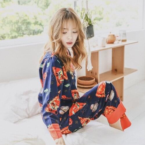Autumn Pajamas, Comfortable Cotton Silk Womens Home Wear, Viscose Lapel Cute Pizza Crayfish Print Two-piece Suit Women Pajamas