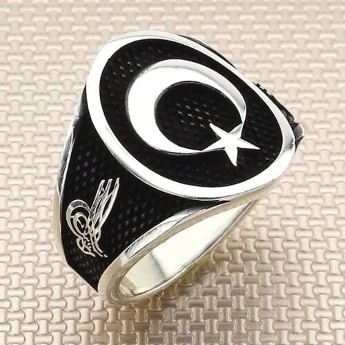 Sterling Silver Oval Crescent Star Ring Ottoman Tughra Ring Handmade Oxidized Accessory For Men Made in Turkey