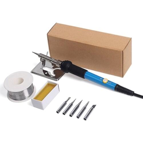 220V 60W Adjustable Temperature Electric Soldering Iron Solder Iron with 5Pcs Tips Solder Wire Roll Rosin Stand Welding Tool Kit