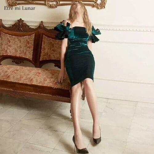 Sexy Evening Dress Mermaid Boat Neck Dark Green Off Shoulder Velour Evening Gowns Short Sleeves Formal Dress LE40763