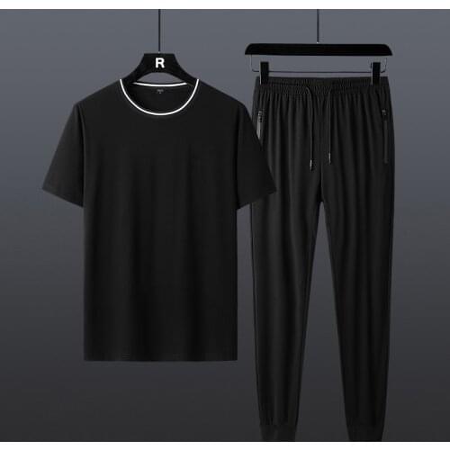 Gym Sets Men Short Sleeve Long Pants Suit 2021 Tracksuit New Summer Trend Quick Drying Sportswear Mens Two Piece Set Casual