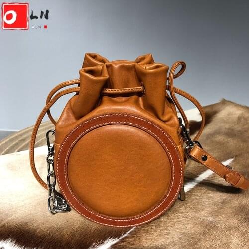 OLN Small Chains Cross Body Bag Woman Luxury Vegetable Tanned Leather String Crossbody Bags Female Cute Circle Handbag Ladies