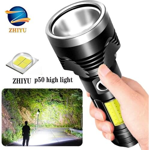 ZHIYU P50/XPE+COB Built-in Battery Torch Usb Rechargeable Flashlight Led 6 Kinds of Light Modes Highlight Camping Power Bank