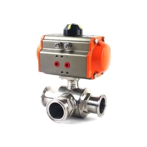 3/4" Sanitary Stainless 304 Three way T-port Tri-Clamp Pneumatic Ball Valve