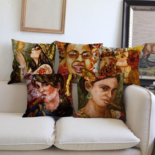Vintage Oil Painting Cushion Cover Woman Smoking Cigar Daily Life Self Portrait Print Cotton Linen Home Decoration Pillow Case