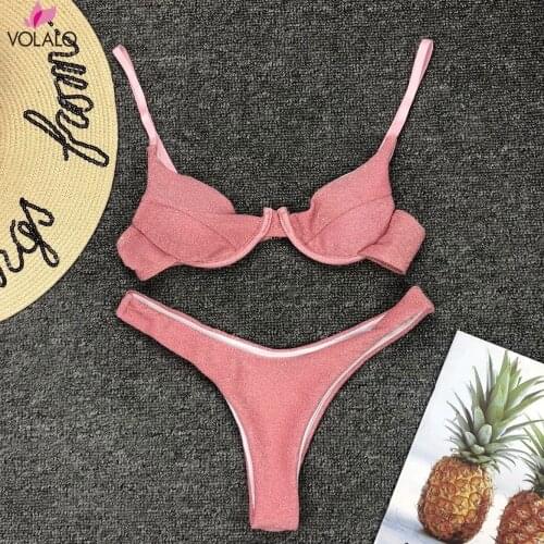 Women Shining Silver Swimsuits 2020 Underwire Push-up Bikini Set Vintage Split Two Pieces Swimsuit Low Waist Triangle Swimwear