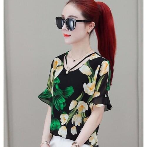 Women Spring Summer Style Chiffon Blouses Shirts Lady Casual V-Neck Flower Printed Chiffon Blusas Tops ZZ0288