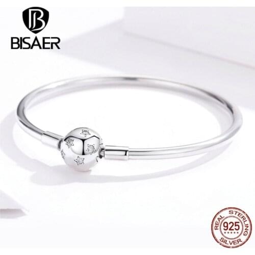 BISAER Pulseira Silver Bracelets 925 Sterling Silver Round Shape Clasp Femme Silver Bracelets for Women Luxury Jewelry ECB144