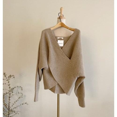 WTIANYUW Chic Elegant V Neck Long Sleeve Criss Cross Female Knitted Jumpers Autumn Winter Loose Casual Pullover Sweaters Femme