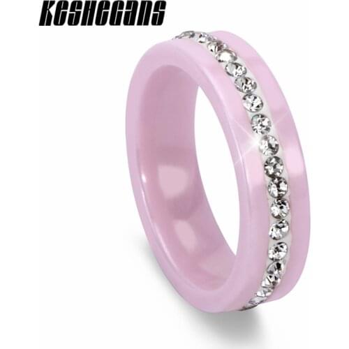 New Fashion Pink Black White Ceramic Ring With 1 Row Crystal Rhinestone Engagement Ring For Women Trendy Elegant Jewelry Gifts