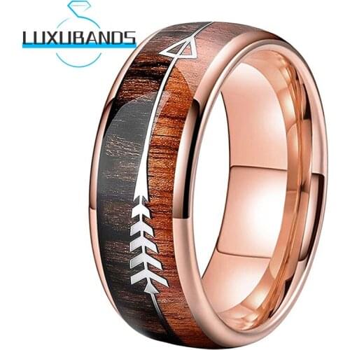 Rose Gold Tungsten Wedding Bands 8MM For Men Women Double Wood Middle Arrow Inlay Polished Finished Comfort Fit