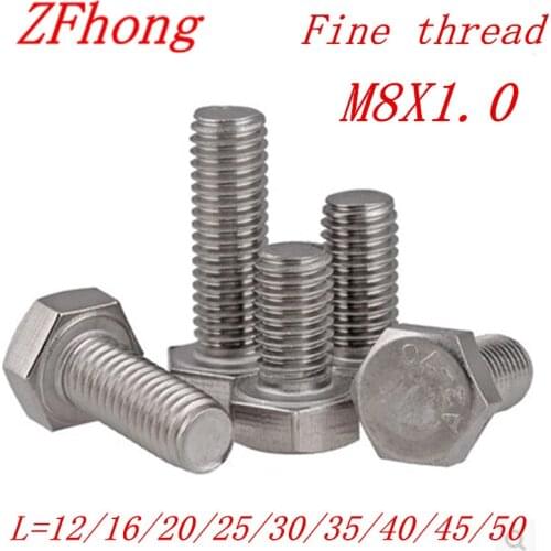 5pcs/lot m8x1.0 Fine Thread Hex Bolt DIN933 m8 thread pitch 1.0mm length 12/16/20/25/30/35/40/45/50mm