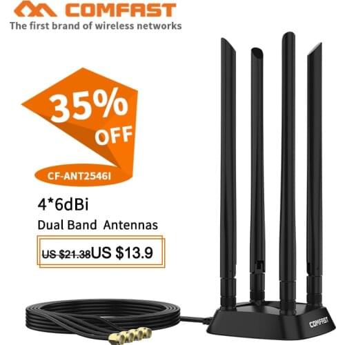 4 High Gain Omnidirectional 360 degree SMA antenna Powerful Dual Band 2.4+5 Ghz 4*6dBi antenna with 1.2M extension base antenna