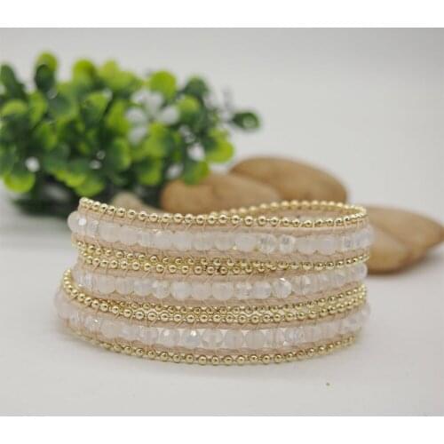 White Mix 3 Wrap Bracelet with Stainless Steel Bead Chain Boho Beadwork 4mm Crystal Opal Unique Wrist Bracelet Jewelry for Women