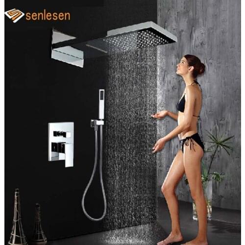 Senlesen Shower Set Chrome Waterfall Square Rain Shower Faucet Valve Mixer Tap W/ Hand Shower Sprayer