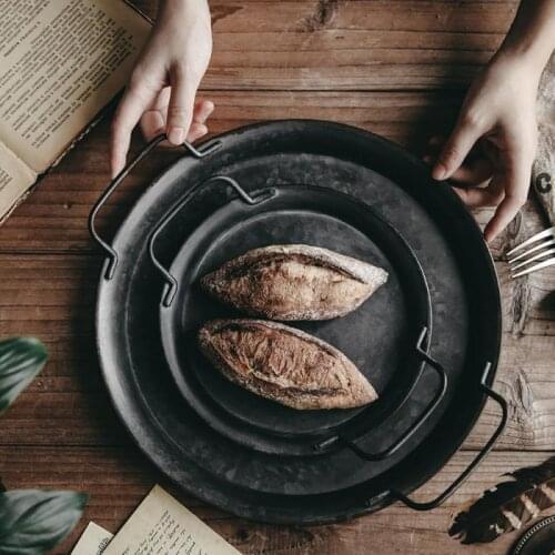 Retro Round Wrought Iron Tray With Handle Binaural Storage Flat Tray Living Room Kitchen Table Meal Snack Tray Plate Home Decor