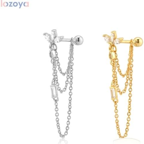 Lozoya 925 Sterling Silver Luxury Jewelry Piercing Gold Three Ovals Chain Beads Ear Pin Drop Earring Women Party Pendiente