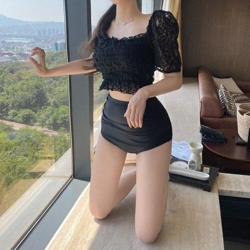 2021 New Whole Colored Contracted Conservative Two Piece Swimsuit Sexy with Breast Pad with Breast Pad Black Bikini Women