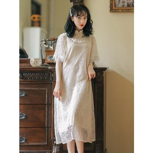 Summer New Style Chinese Style Womens Dress Shanghai Retro Style Improved Cheongsam Dress Antique Lace Mid-Length Dress
