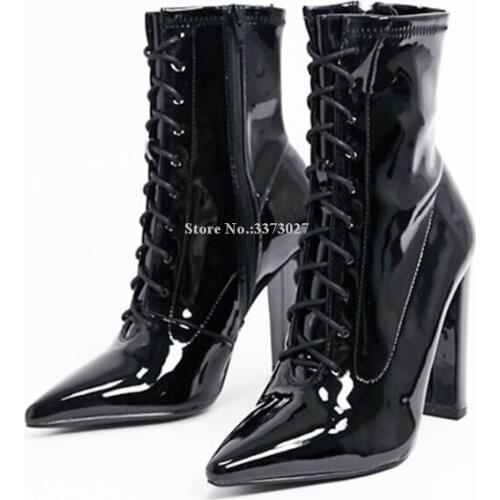New Chunky Heel Women Ankle Boots Fashion Black Patent Leather Lace-up Short Boots Lady Sexy Large Size Winter Dress Shoes