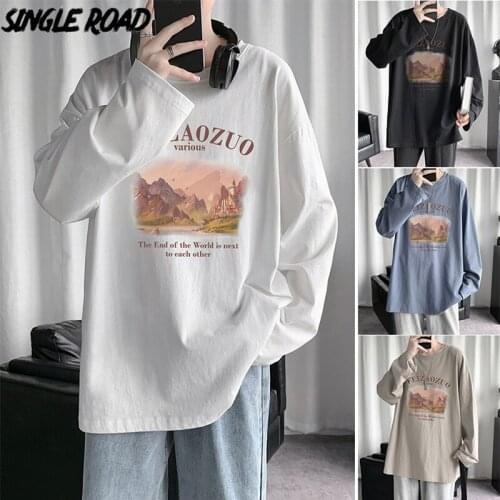 Single Road Mens Long Sleeve T-shirt Men 2021 Print Solid Fashion T Shirts Streetwear Harajuku Casual Oversized T Shirt For Men