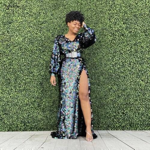 Shiny Sequined Blk-Multi Color Prom Dresses Sexy Side Split Straight Long Women Birthday Dress Full Puff Sleeves Prom Gowns
