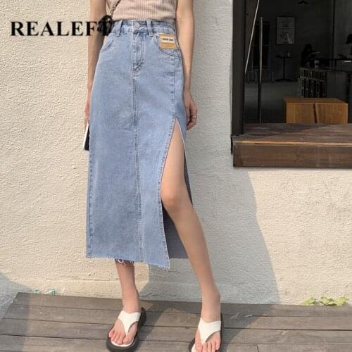 REALEFT Spring Summer 2021 New Womens Long Denim Skirts Side Split Vintage High Wasit Jeans Skirt Straight A-line Skirts Female