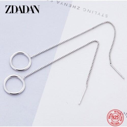ZDADAN 925 Sterling Silver Round Circle Long Chain Dangle Earring For Women Fashion Jewelry Accessories