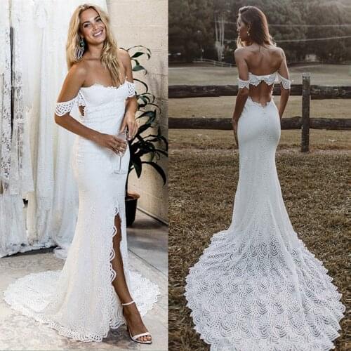 Boho Lace Wedding Dresses Mermaid Off the Shoulder Side Slit Bridal Gowns Backless Bohemian Cheap Beach Romantic Robe De Mariee