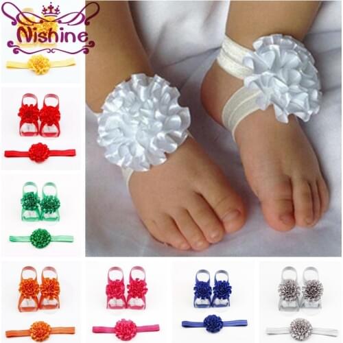 Nishine 3pcs/set Cute Girls Newborn Flower Headband With Ribbon Flower Barefoot Sandal Shoes Set Children Accessories Photoshoot