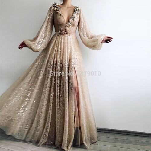 Vintage Champagne A-Line Long Evening Dress Full Sleeves Floor-Length Prom Dress Beaded Formal Dress Vestido de festa Arabia