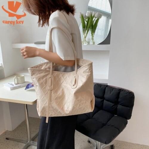 CAREY KEY Diamond Lattice Large Capacity Totes PU Leather Shoulder Bags Women Casual Handbags Folding Pouch Shopping Bags