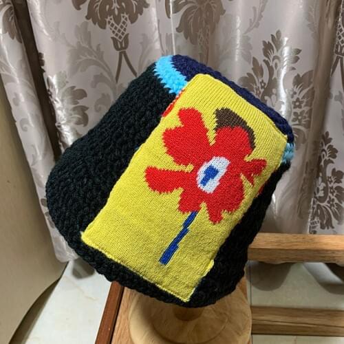 Autumn WInter Knitted Bucket Hat Black Beige Ins Women Fashion Sweet Flower Beanies Hats Thick Warm Windproof Fishing Caps 2020