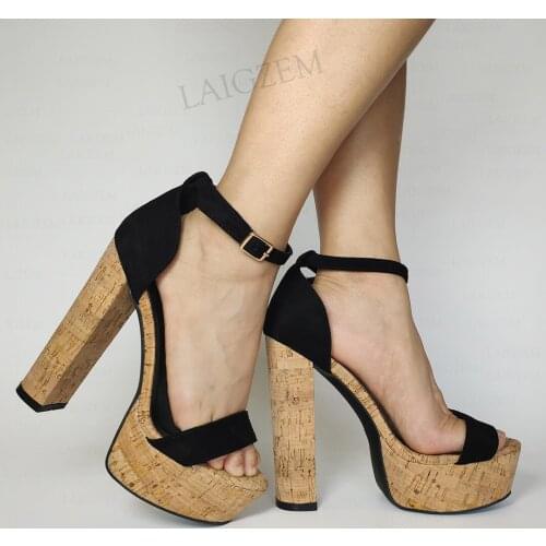 LAIGZEM Women Platform Sandals Chunky Cork Print Heels Pumps Faux Suede Party Prom Wedding Shoes Woman Plus Size 41 44 46 52