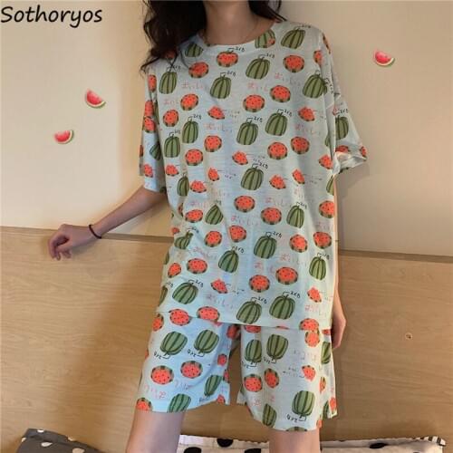 Pajama Sets Women Large Size 2XL Watermelon Pattern Printing Kawaii Ulzzang Cute Girls Sleepwear Comfortable Soft Trendy Chic