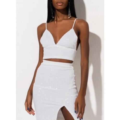 2021 new ladies bandage two-piece sexy deep V-neck strap top and split short skirt open back sequin evening dress sexy nightclub