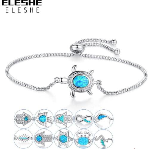 Blue Opal Hamsa Hand Infinity Tortoise Charm Bracelet for Women Fashion Silver Color Chain Tennis Bracelets Friendship Jewelry